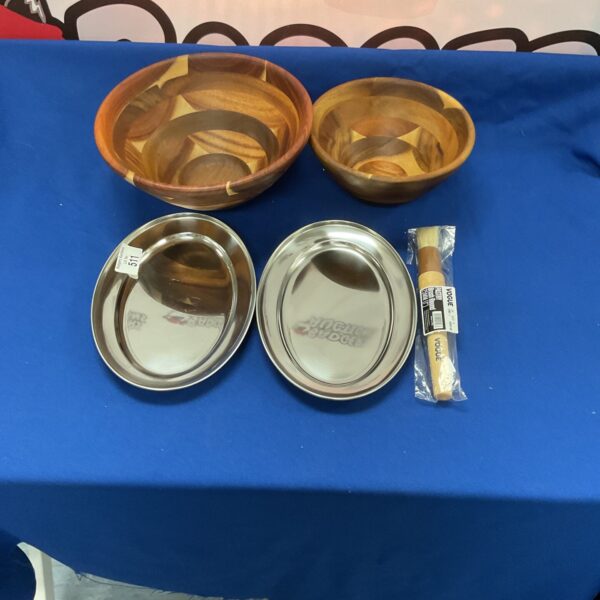Kitchen lot featuring wooden bowls and stainless steel dishes.