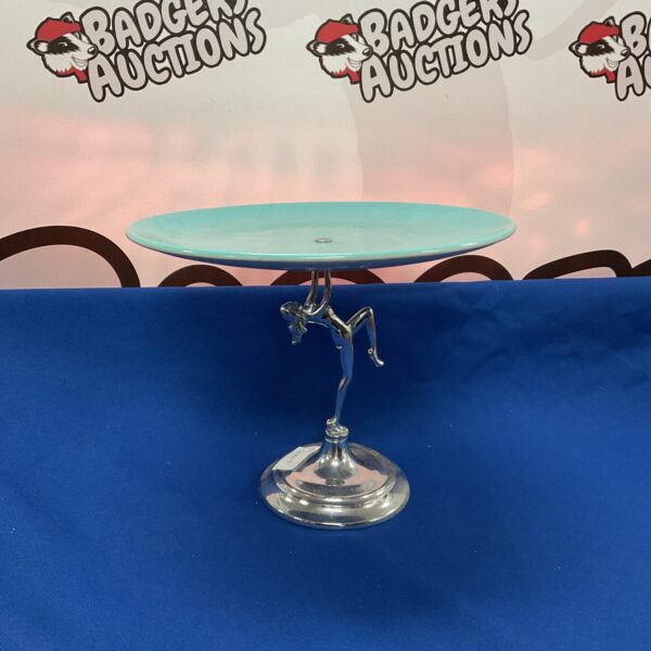 Vintage Art Deco chrome cake stand with sculpted lady figure.