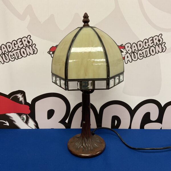 Vintage Art Deco table lamp with tree-form glass shade.