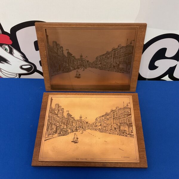 Antique E Crossley High Wycombe engravings depicting a bustling town scene.