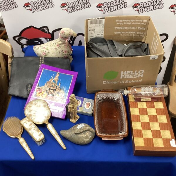 Mixed auction lot with Disney book, handbags, and vintage toys.
