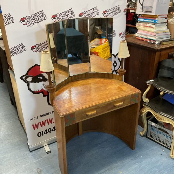 Vintage 1920s semi-circular dressing table with trifold mirror.