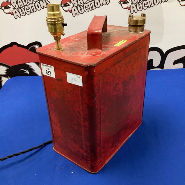 Red vintage Halfords petrol can table lamp with brass fitting.