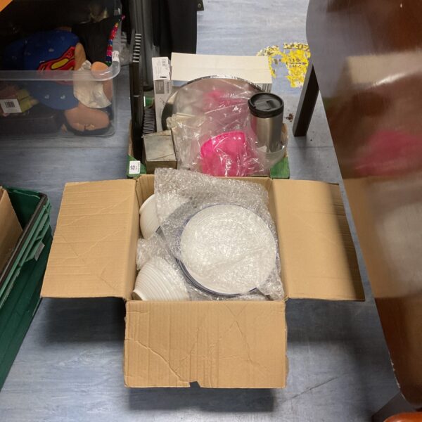 Boxed Sainsbury dinner set with ceramic plates and bowls.