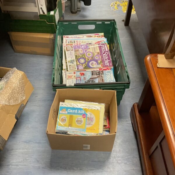 Mixed lot of card kits and cross stitcher books for crafting.