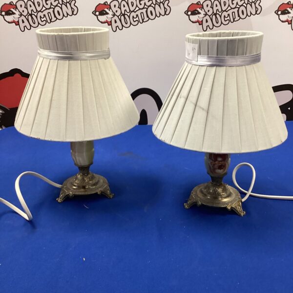 Pair of vintage marble table lamps with cream shades.