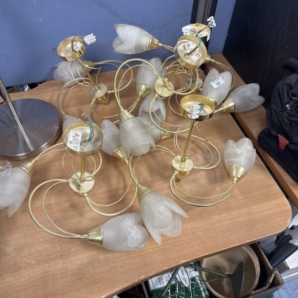 Vintage BHS ceiling lights with brass effect and frosted glass shades.