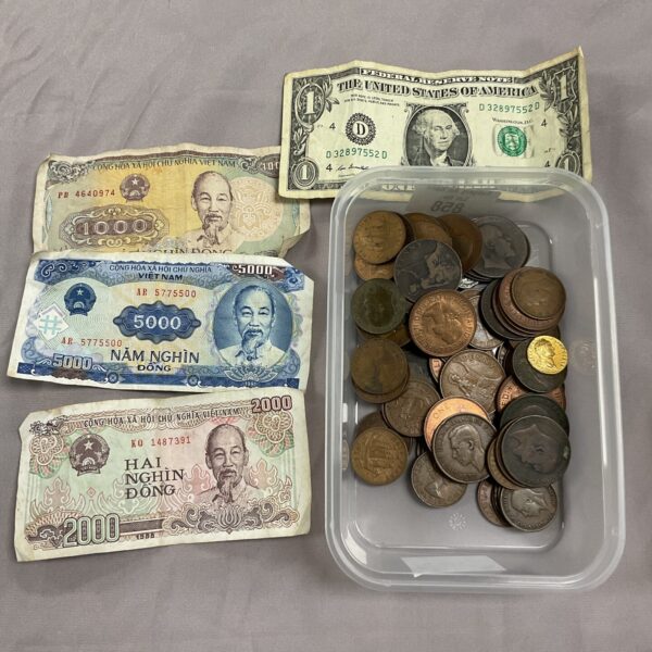 Mixed currency lot featuring Vietnamese Dong and US coins.