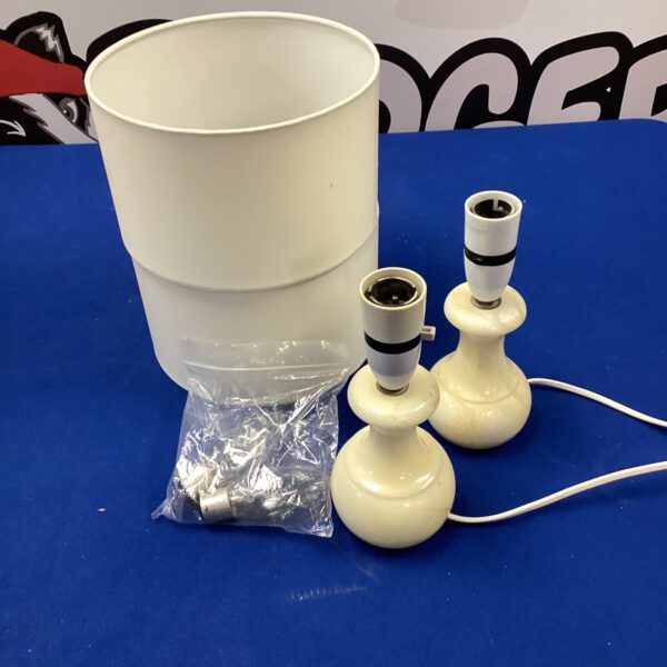 Silver and cream Habitat Maya table lamp pair in original packaging.