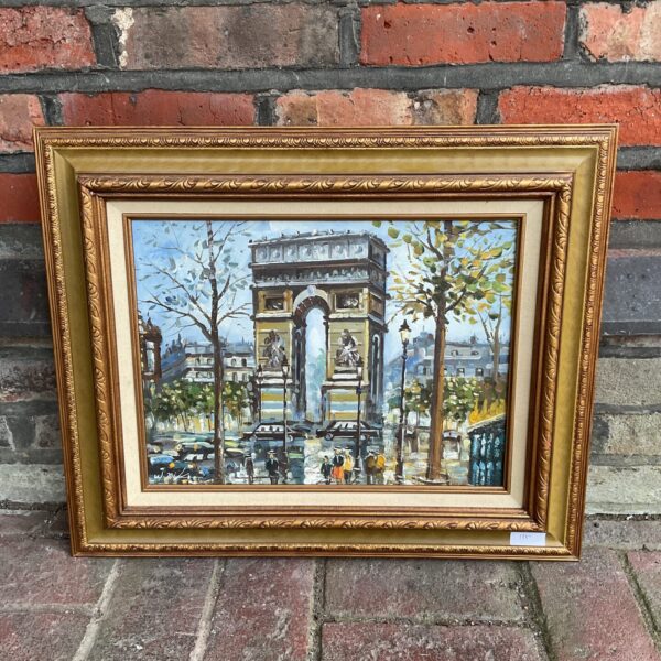 Signed impressionist oil painting of the Paris Arch de Triomphe.