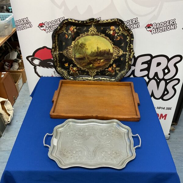 Vintage serving tray with a detailed landscape scene.