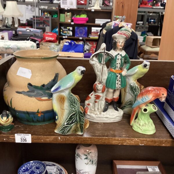Antique Staffordshire flat back figurine of King Charles with parrots.