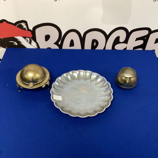 Vintage silverplate tableware set with embossed fruit tray.