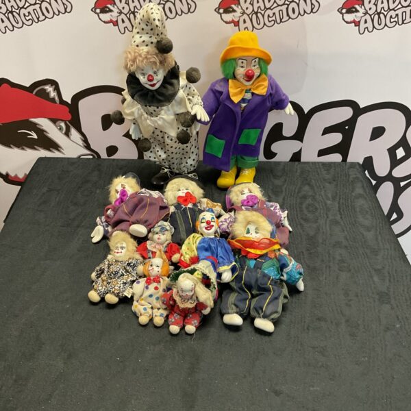 Vintage porcelain clown dolls collection for collectors.