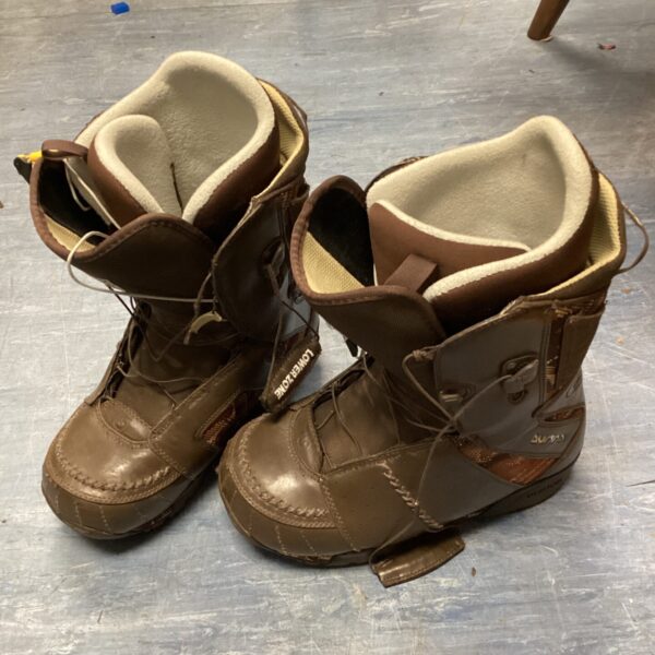 Burton snowboard boots size 8.5, showing wear and tear.