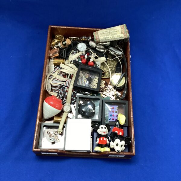 Mixed curios lot featuring vintage Mickey Mouse figures and collectibles.