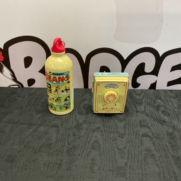 Vintage Fisher Price radio and Beano water bottle.