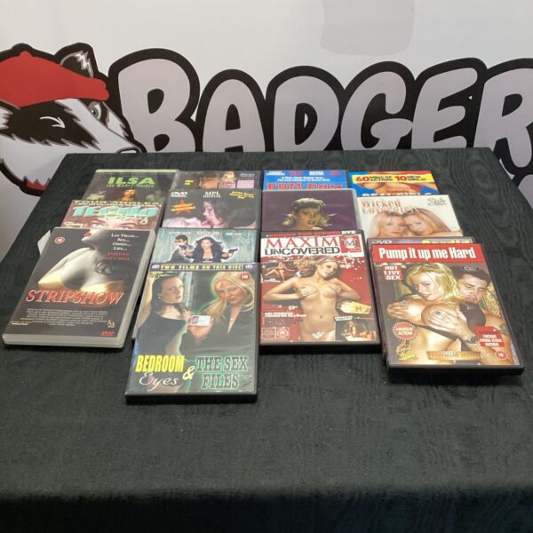 Adult DVD collection lot featuring striptease, hotel tarts and tecno party.