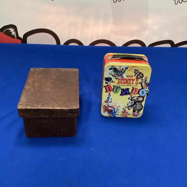 Vintage Disney Dumbo lunchbox and storage box set, colourful collectible.