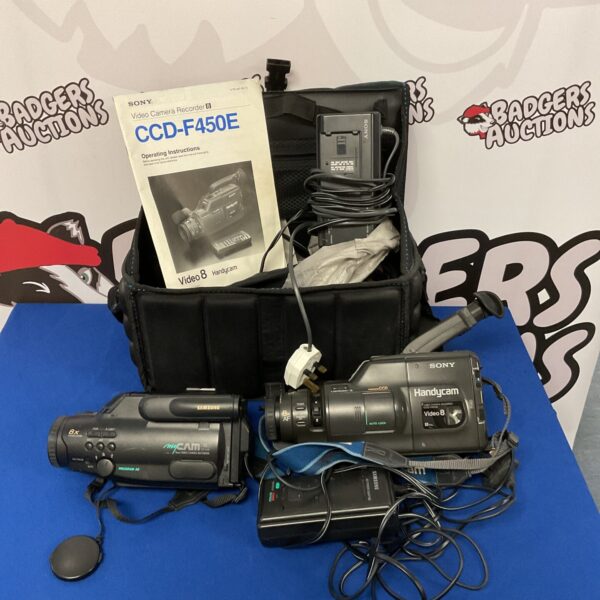 Vintage 8mm camcorders, Sony CCD-F450E and Samsung VP-U10, retro video equipment.