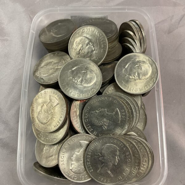 Lot of 100 Churchill commemorative crown coins for collectors.