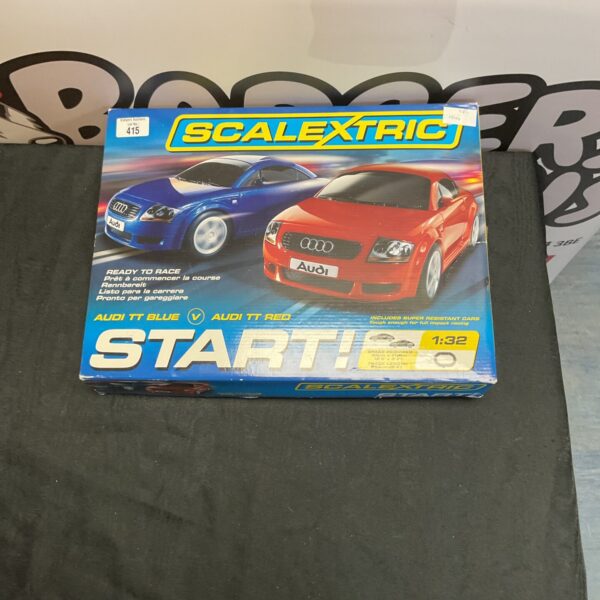 Front view of the vintage Scalextric Audi TT race track set box.