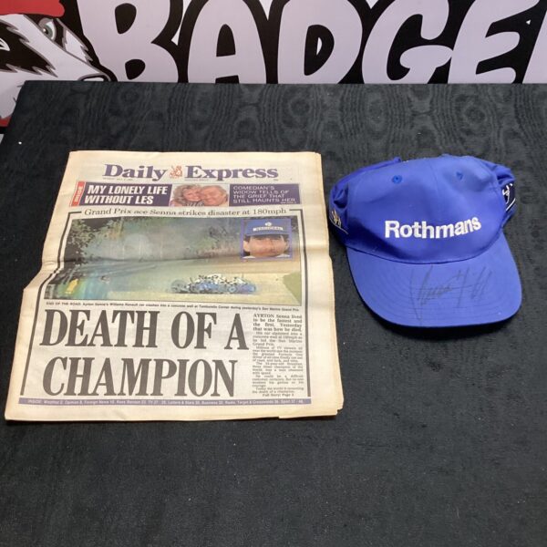 Damon Hill signed Rothmans cap with Ayrton Senna newspaper.
