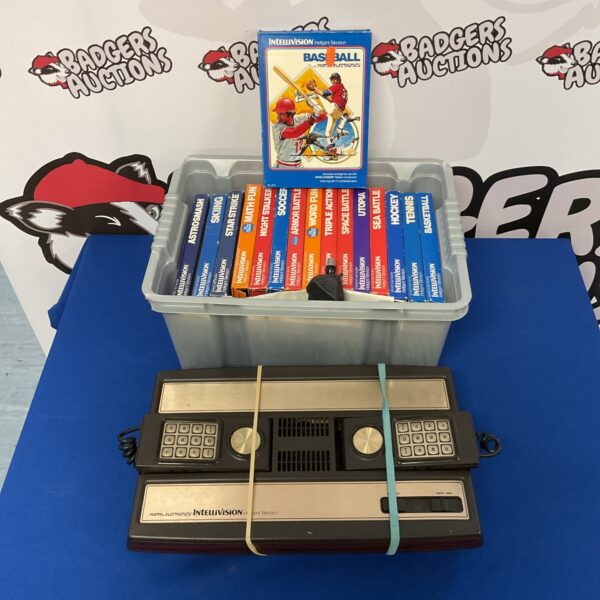 Front view of a vintage Mattel Intellivision console with controller.