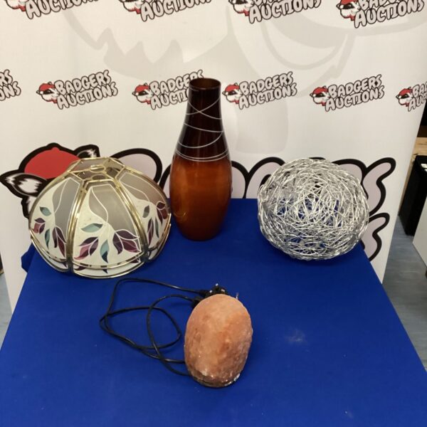 Vintage lamp shades and Himalayan salt lamp lot for home decor.