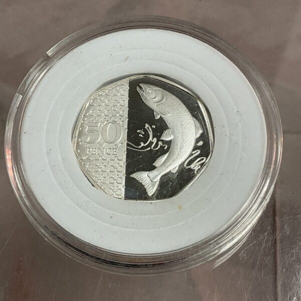 Front view of the 2023 Salmon 50p coin in a protective holder.