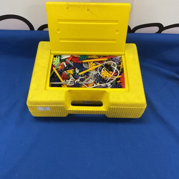 Colourful K'nex building set in a clear storage box.