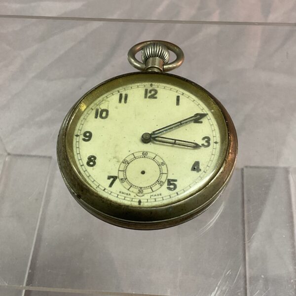 Vintage Swiss pocket watch with white dial and black numerals.