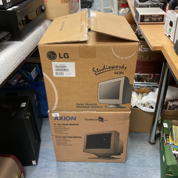 Vintage LG and Axion 15 inch VGA monitors for retro computing.