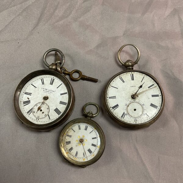 Vintage silver pocket watch lot with enamel dials.