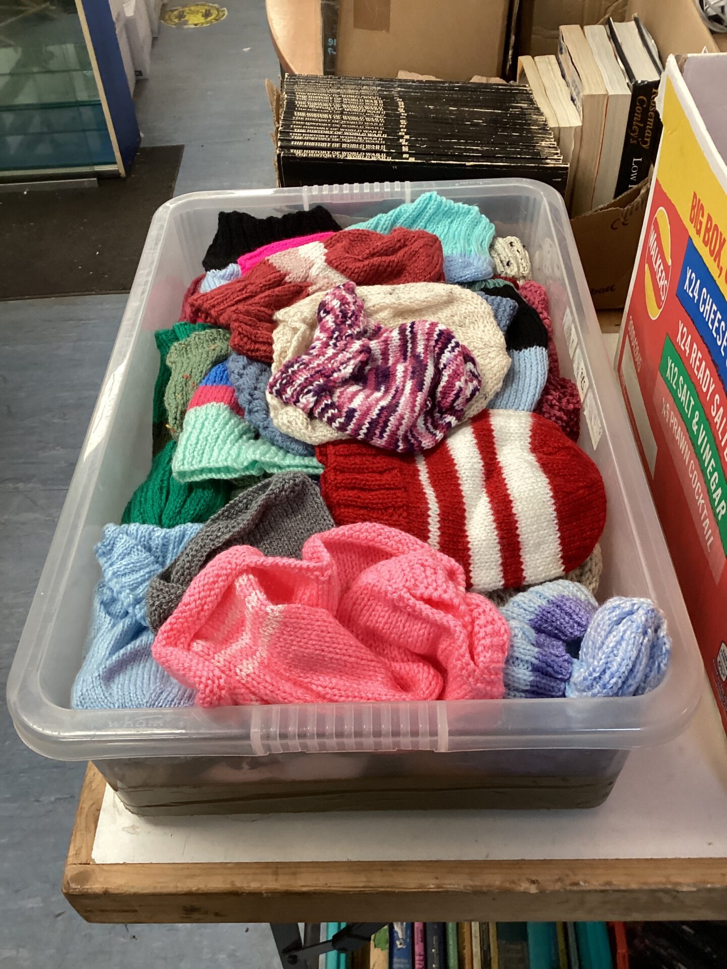 487 Box of hand knitted bobble hats