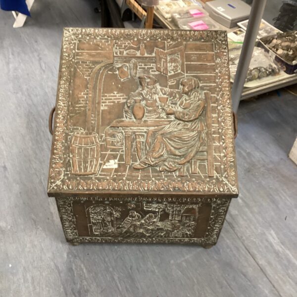 Intricate vintage copper plated log box with rural scene.