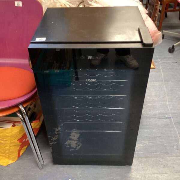 Black Logik wine cooler on a dark surface.