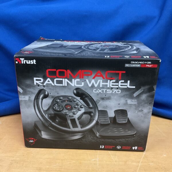 Trust GXT570 compact racing wheel for PC gaming setup.