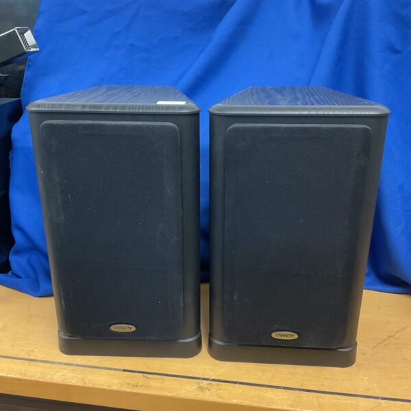 Vintage Tannoy 632 black ash speakers, classic bookshelf design.