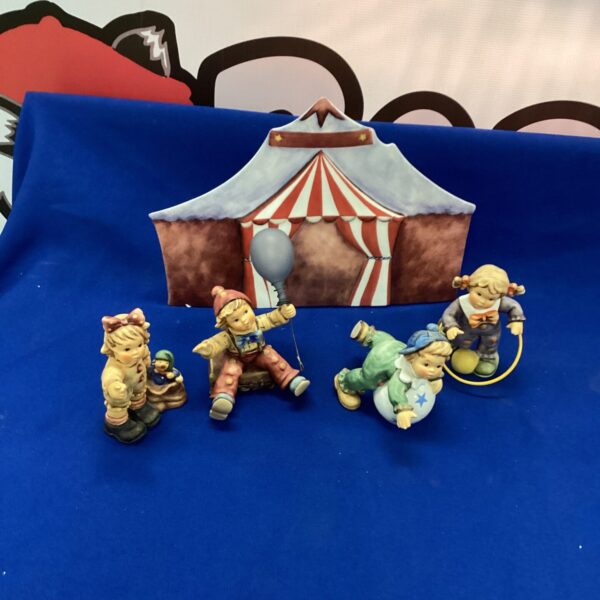 Vintage Hummel circus figures set, Goebel porcelain collectibles.