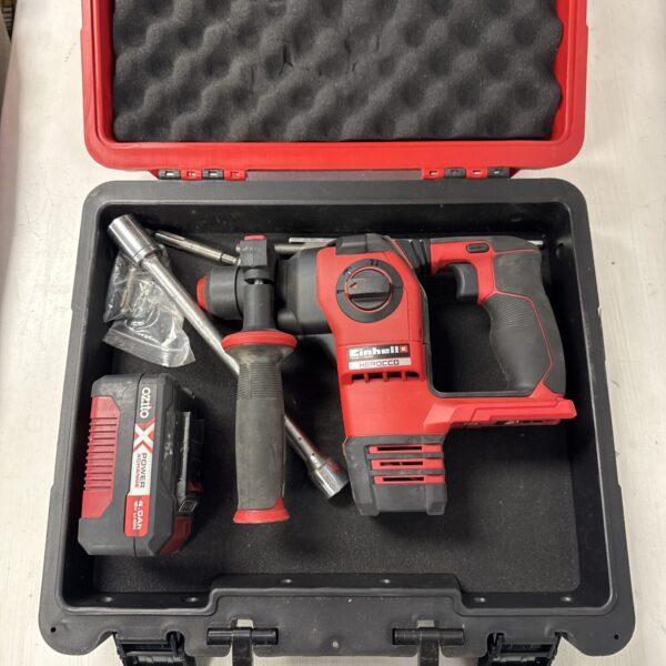 Einhell cordless drill in open carry case, battery powered tool.