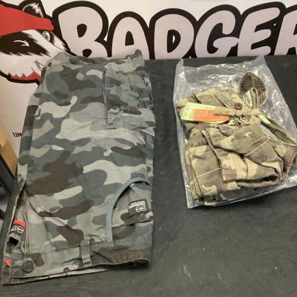Men's combat shorts in army camo and blue denim.