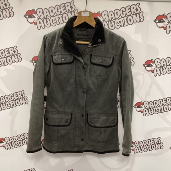 Front view of a classic Barbour waxed jacket, size 10.