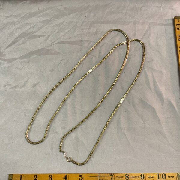 Long 48-inch gilt chain necklace, vintage gold tone fashion jewellery.