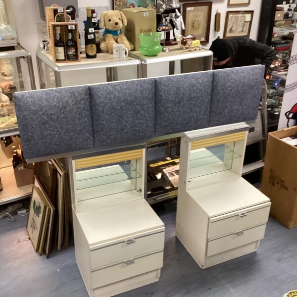 Vintage mirrored bedside cabinets and headboard set, mid-century modern style.