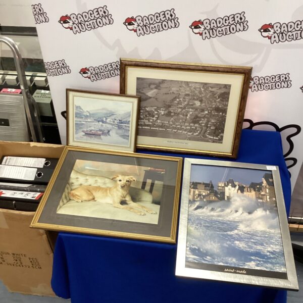 Four framed pictures inc aerial photo of Hadley