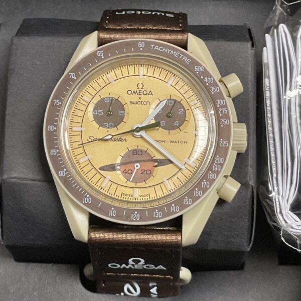 Front view of the Omega Swatch MoonSwatch Mission to Saturn bioceramic watch.