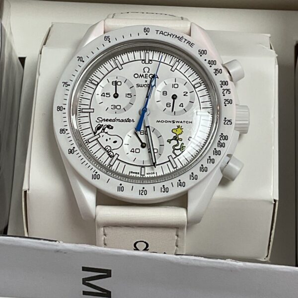 Front view of the white Omega Swatch Moonphase Bioceramic watch.