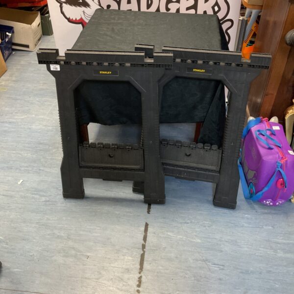 Pair of sturdy Stanley work trestles for DIY projects.