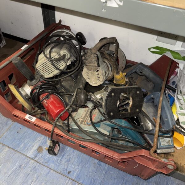 Untested power tool lot with drill, sander, and circular saw.